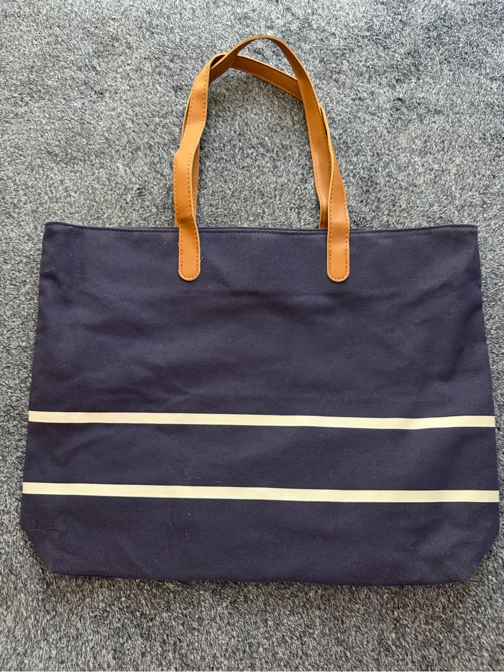 White House Black Market Navy Tote with White Stripes and Tan Leather Handle